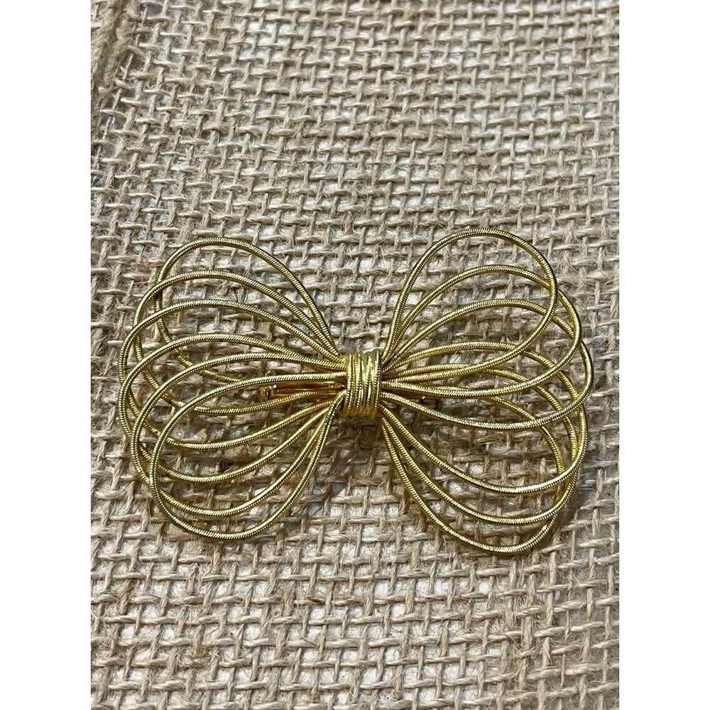 Large Vintage Gold Tone Wire Mesh Wrapped Bow Brooch Coquette Cottage